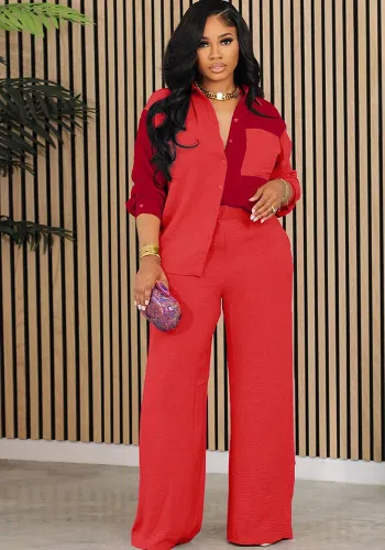 Women contrast color long sleeve shirt and pants Two Piece Set