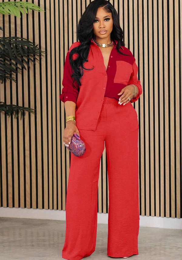 Women contrast color long sleeve shirt and pants Two Piece Set