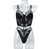 Women Flower Embroidery Cross Lace-Up Sexy Lingerie Two Piece Set