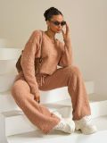Autumn Winter Solid Color Women's Round Neck Long Sleeve Fleece Top Trousers Two Piece Set