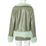 Women Pu-Leather Fur Collar Jacket and Skirt Two Piece Set