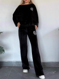 Women's Spring And Autumn Solid Color Velvet Round Neck Bat Sleeves Casual Two-Piece Pants Sets