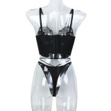 Women Flower Embroidery Cross Lace-Up Sexy Lingerie Two Piece Set
