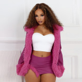 Women Pu-Leather Fur Collar Jacket and Skirt Two Piece Set