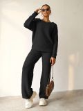 Autumn Winter Solid Color Women's Round Neck Long Sleeve Fleece Top Trousers Two Piece Set
