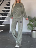 Women's Spring And Autumn Solid Color Velvet Round Neck Bat Sleeves Casual Two-Piece Pants Sets