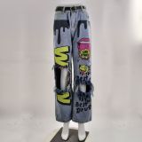 Women Ripped Print Crago Denim Pants