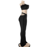 Women Fur Strapless Top and Bell Bottom Pants Two Piece Set