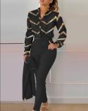 Spring Women's Clothing Long Sleeve Fashion Casual Printed Shirt High Waist Career Pants Set