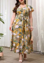 Plus Women Round Neck Single-breasted Printed Shirt Dress