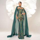 Long Sleeve Round Neck Long Sequin Formal Party Cape Fishtail Evening Dress Bridesmaid Dress
