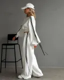 Striped Lace-Up Patchwork Contrast Color Loose Casual Slash Shoulder Crop Pullover Long Sleeve Top High Waist Straight Trousers Set