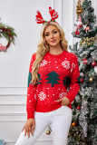 Red Sweater Autumn Winter Women's Christmas Tree Jacquard Pullover Knitting Top