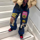 Women Ripped Print Crago Denim Pants