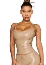 Women Strapless Solid PU-Leather Top