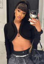 Women Solid V-neck Hook-button Long Sleeve Crop Top