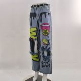 Women Ripped Print Crago Denim Pants