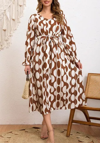 Women Holidays Geometric Print Lace-up Lotus Sleeve Long Sleeve Dress