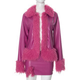 Women Pu-Leather Fur Collar Jacket and Skirt Two Piece Set
