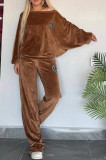 Women's Spring And Autumn Solid Color Velvet Round Neck Bat Sleeves Casual Two-Piece Pants Sets