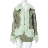Women Pu-Leather Fur Collar Jacket and Skirt Two Piece Set