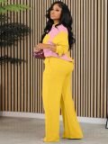 Women contrast color long sleeve shirt and pants Two Piece Set