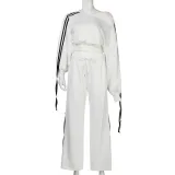 Striped Lace-Up Patchwork Contrast Color Loose Casual Slash Shoulder Crop Pullover Long Sleeve Top High Waist Straight Trousers Set