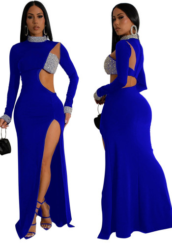 Fashionable Solid Color Beaded Long Sleeve High Slit Evening Dress For Women