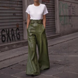 Fashion Women High Waist Loose Pocket Slim Waist Pu Leather Bell Bottom Casual Pants