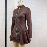 Women's Fashion Slim Fit Long Sleeve Zipper Pleated Pu Leather Dress