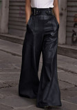 Fashion Women High Waist Loose Pocket Slim Waist Pu Leather Bell Bottom Casual Pants