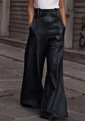 Fashion Women High Waist Loose Pocket Slim Waist Pu Leather Bell Bottom Casual Pants