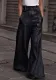 Fashion Women High Waist Loose Pocket Slim Waist Pu Leather Bell Bottom Casual Pants