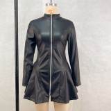 Women's Fashion Slim Fit Long Sleeve Zipper Pleated Pu Leather Dress
