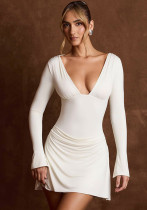 Women's Autumn V-Neck Slim Long Sleeve Low Back Sexy Short Dress