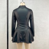 Women's Fashion Slim Fit Long Sleeve Zipper Pleated Pu Leather Dress