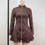 Women's Fashion Slim Fit Long Sleeve Zipper Pleated Pu Leather Dress