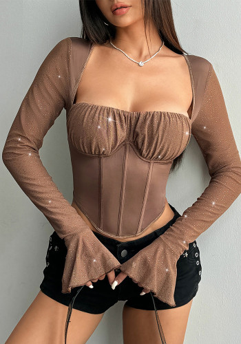 Women's Autumn Bell Bottom Sleeve Top Sequin Fishbone Waist T-Shirt