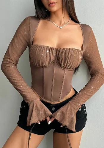 Women's Autumn Bell Bottom Sleeve Top Sequin Fishbone Waist T-Shirt