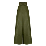 Fashion Women High Waist Loose Pocket Slim Waist Pu Leather Bell Bottom Casual Pants