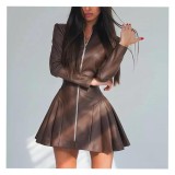 Women's Fashion Slim Fit Long Sleeve Zipper Pleated Pu Leather Dress