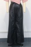 Fashion Women High Waist Loose Pocket Slim Waist Pu Leather Bell Bottom Casual Pants