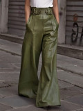 Fashion Women High Waist Loose Pocket Slim Waist Pu Leather Bell Bottom Casual Pants