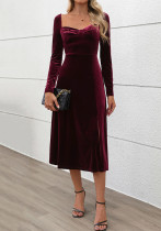 Women's Autumn And Winter Velvet Long Sleeve Slit Party Dress