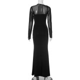 Women's Sexy Solid Color Hollow Slash Shoulder Patchwork Long Sleeve Dress