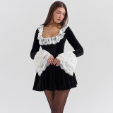 Autumn Fashion Sexy Chic Lace Velvet Long Sleeve A-Line Dress