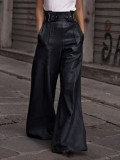 Fashion Women High Waist Loose Pocket Slim Waist Pu Leather Bell Bottom Casual Pants