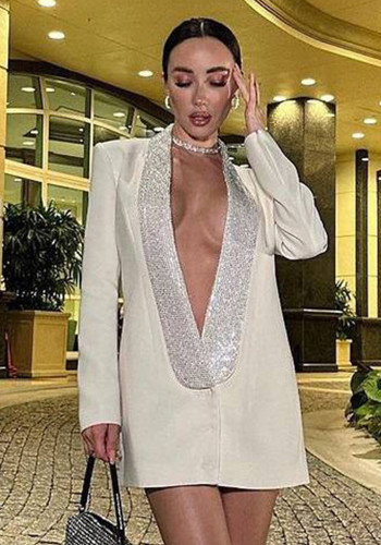 Fashion Low Back Beaded V-Neck Blazer Dress