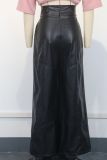 Fashion Women High Waist Loose Pocket Slim Waist Pu Leather Bell Bottom Casual Pants