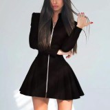 Women's Fashion Slim Fit Long Sleeve Zipper Pleated Pu Leather Dress
